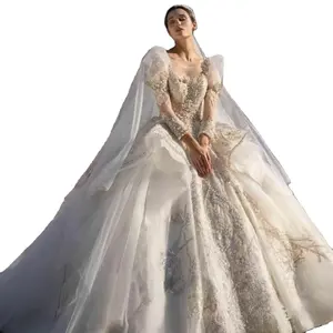 Feishiluo Wholesale Luxury Full Sleeves ivory Wedding dresses crystal Bead Bridal ball gowns