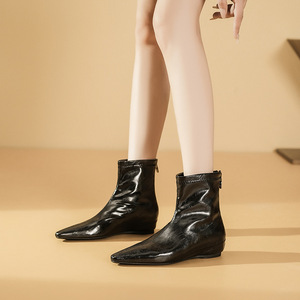 Botines de Mujer de Piel Auténtica con Punta Puntiaguda y Tacón Oculto, Estilo Otoñal, Zapatos Cómodos que Aumentan la Estatura - Product Image 1