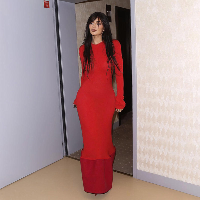 K23D37163 Christmas Red Slim Dress O Neck Solid Long Sleeve Ruffled Maxi  Dress Ladies Evening Gown