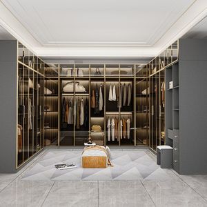 <span class=keywords><strong>Dressing</strong></span> de luxe avec portes vitrées à cadre en aluminium doré, éclairage LED, en forme de <span class=keywords><strong>U</strong></span>, pour villa, système de rangement sur mesure - Product Image 1