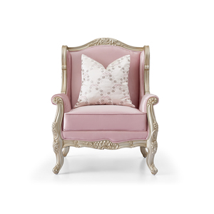 Fauteuil néoclassique de style mid-century, structure en bois sculpté de luxe, canapé en tissu rose avec accoudoirs pour salon et usage hôtelier - Product Image 2