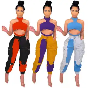 BOBOYU new fashion halter top and cargo pants set women sexy high street outfits two piece colorblocking clothes