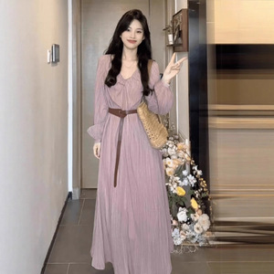 French Style V Neck Long Sleeve Empire Waist Dress Raspberry Pink Casual Vacation Wear - Product Image 2