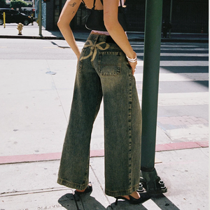 Jeans à jambes larges taille haute en denim vintage vert olive pour femmes, vêtements décontractés de rue - Product Image 1