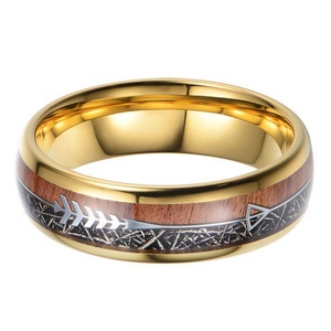 18K Gold <b>Titanium</b> Steel <b>Ring</b> Set 6mm Electroplated Silver Wire Acacia Wood Fish Bone Figure Stainless Steel Tungsten Steel - Product Image 5