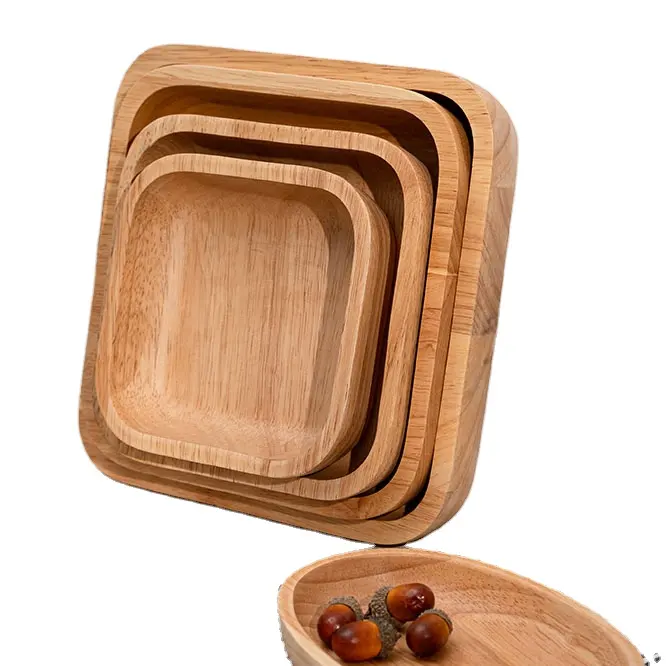 Тарелка для салата из массива дерева, с квадратной резиновой деревянной основой, элегантная и прочная сервировочная посуда