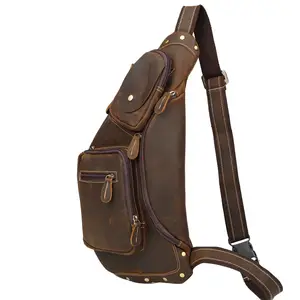 Bolsa de couro marrom escuro masculina, pacote de couro maleável vintage com cordão para homens