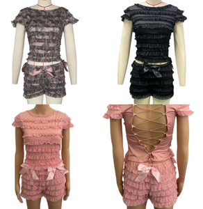 Viviblook Z802ST Sweet Spice Girl en bois oreille côté évider à bretelles Camisole débardeur femmes été dentelle Pom Shorts 2 pièces - Product Image 1