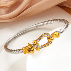 SZ260Diamond-Accented fibbia a ferro di cavallo, PVD oro placcato 18K bracciale in acciaio inox catena di corda, minimalisti di lusso polsino - Product Image 6