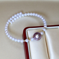 Bracelet élastique en perles d'eau douce blanches rondes naturelles de 4-5 mm, bracelet en perles d'eau douce violettes de 11-12 mm avec boule en or 18 carats pour femmes
