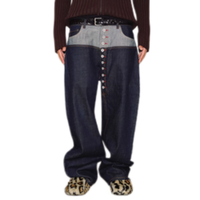 Vente en gros OEM ODM Personnalisé Jean ample pour homme en denim bleu foncé, patchwork, color block, à plusieurs boutons, coupe large
