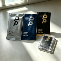 Emballage personnalisé pour cartes à collectionner, noir mat avec dorure à chaud, surface brillante, dos métallique, sachets thermoscellables