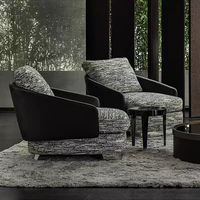 Fauteuil d'appoint italien haut de gamme en tweed contrastant et cuir, base en acier inoxydable brossé, canapé individuel pour hôtel, villa et réception