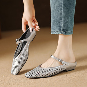 Sandalias retro de malla perforada - sencillas y versátiles, tacón sólido, correa frontal con punta hueca en la parte posterior. - Product Image 6