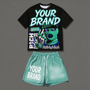 Shorts personnalisés avec logo OEM, ensemble t-shirt et short pour hommes, impression DTG, streetwear hip hop, 100% coton, ensembles de t-shirts vintage pour hommes - Product Image 2