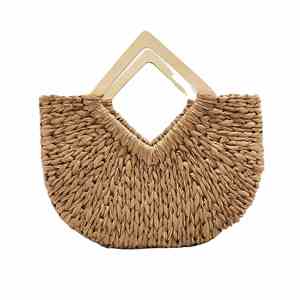 Sac de plage tressé en paille avec poignée en bois, grande capacité, pour femme, idéal pour les vacances et les loisirs, avec corde dorée, vente en gros - Product Image 1