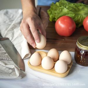 Bamboo Egg Holder 6 Holes Natural Wood Color Egg Storage Rack <b>Kitchen</b> Organizing Tray - Product Image 5
