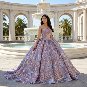 Robe de bal Quinceañera élégante multicolore 1528, robe de princesse en organza violet brillant avec perles et dentelle, col rond et traîne chapelle - Product Image 1
