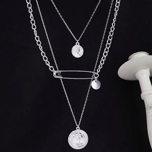 European American Cross Border Jewelry Retro Punk Multi <b>Layered</b> Brooch <b>Necklace</b> Tibetan <b>Silver</b> Unisex Geometric Chain Pendant - Product Image 4