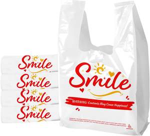Sacs de courses en plastique PE biodégradable White Smile avec poignées, personnalisation par marquage à chaud pour la vente en gros et les petites entreprises - Product Image 1