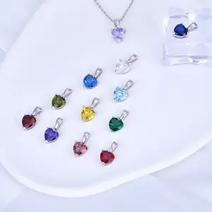 Classic 925 Sterling Silver Heart Pendant 12 Months Birthstone Crystal Necklace Jewelry