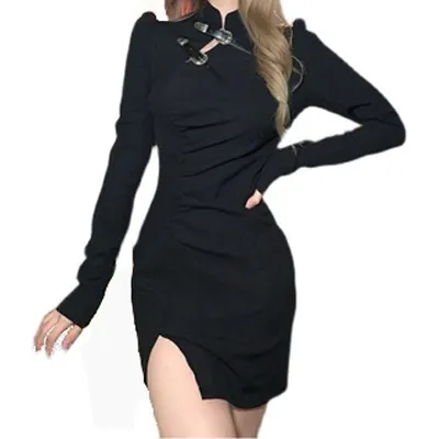 Style Sexy col haut robe pull manches bulle motif solide chinois pour le printemps long crochet tricoté pour les femmes Standard