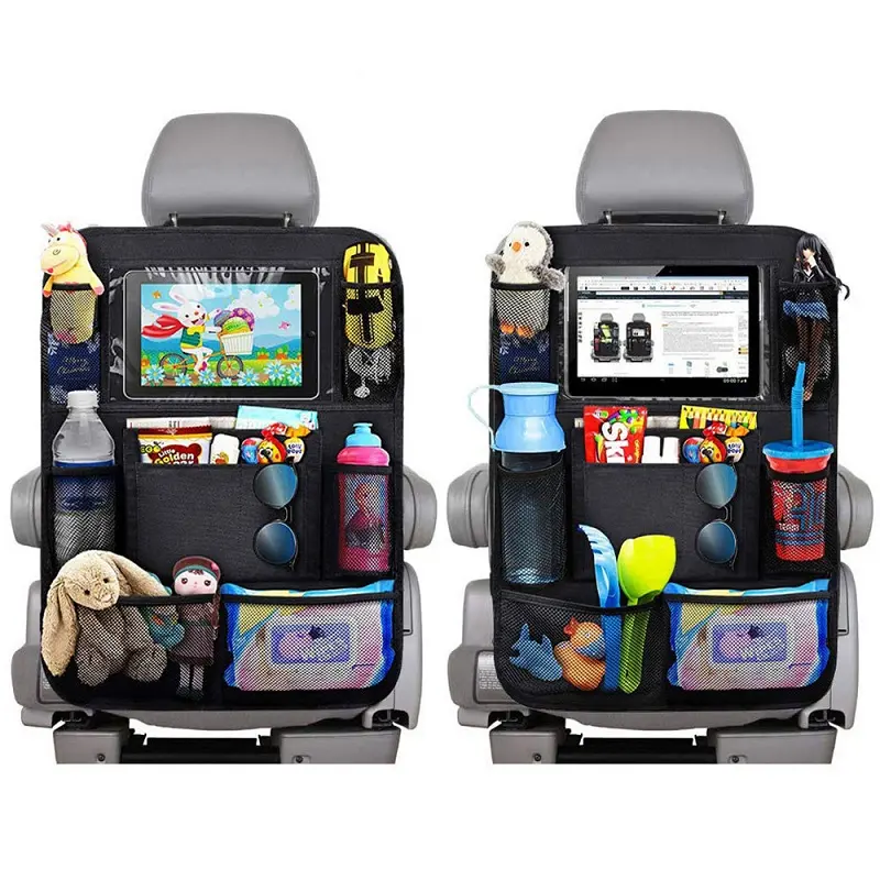 Organizador de asiento trasero personalizado para coche, bolsa de almacenamiento con soporte de pantalla transparente para tableta y 9 bolsillos de almacenamiento
