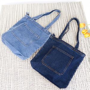 Bolso Tote de Mezclilla Azul Vintage con Bolsillo Frontal para Estudiantes, Compras Diarias, Trabajo, Regalo - Product Image 2