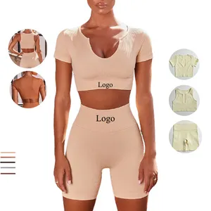 conjunto activewear Suppliers-Conjunto feminino top roupa de ginástica, conjunto de 2 peças com sutiã, calção de levantamento para bumbum e yoga, 2021
