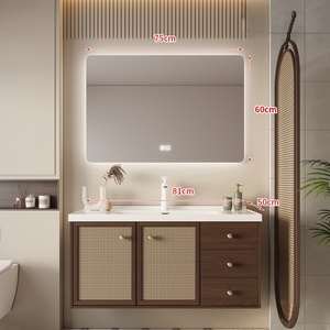 Vasque en céramique monobloc de style vintage avec armoire miroir intelligente, meuble-lavabo mural de salle de bain de style rotin - Product Image 6