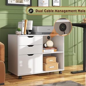 3-서랍 나무 파일 캐비닛, 모바일 측면 파일 캐비닛, 홈 오피스용 오픈 스토리지 선반이 있는 프린터 스탠드, 화이트 - Product Image 6