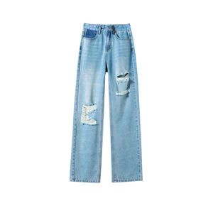 Pantalones largos rectos adelgazantes de cintura alta para mujer, pantalones vaqueros lavados de <span class=keywords><strong>mezclilla</strong></span> Vintage rasgados, pantalones vaqueros transpirables de pierna ancha para verano - Product Image 5