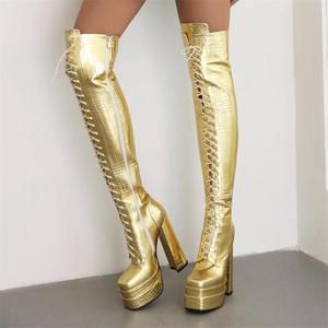 Stripper pôle mode <span class=keywords><strong>danse</strong></span> grande taille bout rond Sexy fétiche chaussures cristal talon grossier Transparent femmes gothique cuissardes bottes - Product Image 6