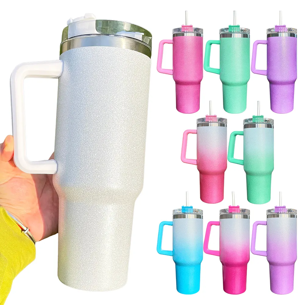 wholesale 40oz glitter rainbow sublimation stainless steel travel mug silver white purple blue green rose pink water bottle