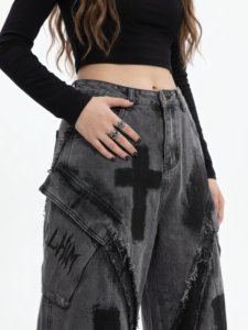 <span class=keywords><strong>Pantalon</strong></span> de survêtement unisexe en nylon/coton, coupe décontractée, jambe large, double couche de tissu, effet vieilli, teint en pièce, style baggy - Product Image 2