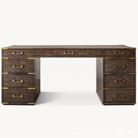 Bureau d'écriture RH Cayden en bois massif gris clair avec six tiroirs et compartiment ouvert, écologique, style vintage pour bureau à domicile