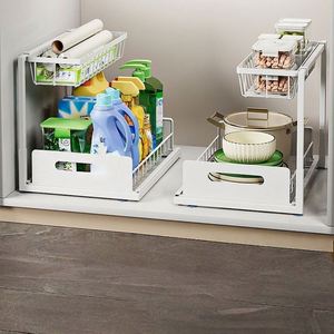 Étagère de rangement rotative à double niveau en acier au carbone, prête à l'emploi, pour évier, sous comptoir, armoire, comptoir de cuisine, ou comme étagère à vêtements pour salon - Product Image 2
