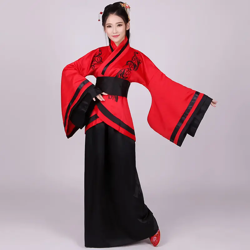 Vestido Hanfu tradicional chino para mujer, ropa femenina de Hanfu en color negro y rojo, a la venta