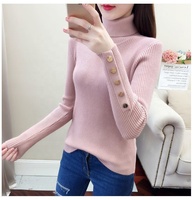 Sweater Turtleneck Hitam Slim Ribbed Khusus Wanita, Kerah Tinggi Rajutan Korea Lengan Panjang Kancing Depan, Atasan Kasual Tebal untuk Musim Gugur