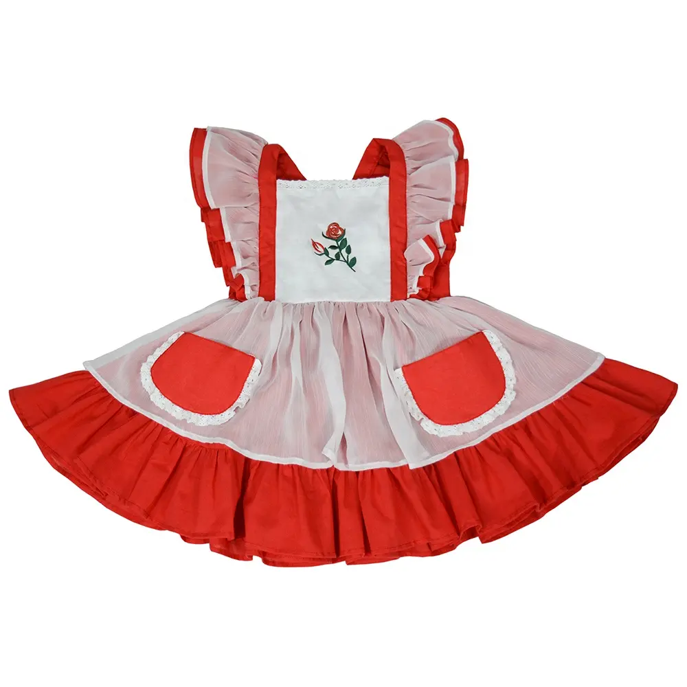 2022 Wholesale Irwsewiee Girls Pinafore Red Rose Embroidery Dress Kids Boutique Vintage Girl Dress