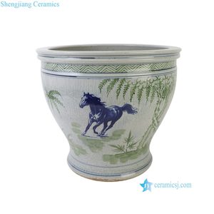 RXCG24-A Grand pot à fleurs en céramique de porcelaine bleu-vert, motif <span class=keywords><strong>bambou</strong></span> traditionnel, glaçure craquelée motif cheval - Product Image 3
