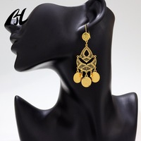 Venta al por mayor de joyería de latón islámico, Pendientes colgantes largos musulmanes Vintage, Metal dorado árabe para mujeres inspirado en el estilo de Dubái