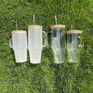 USA Warehouse 32oz 40oz Clear Frosted <b>Glass</b> <b>Tumbler</b> Bottle With Handle for Family Gatherings Office - Product Image 5