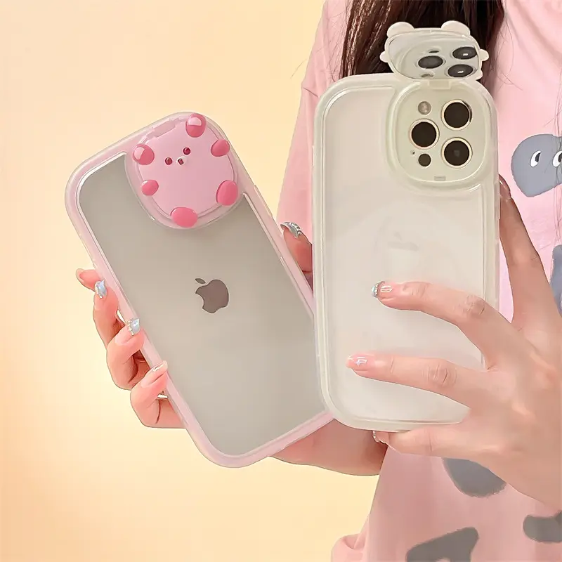 Cute Cartoon Bear Flip Mirror Stand Clear Phone Case For iPhone 14 13 Pro Max X 11 12 TPU Bumper Cover Free shipping promotion