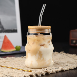 Bicchiere d'acqua verticale in vetro borosilicato fatto a mano con coperchio in bambù <span class=keywords><strong>e</strong></span> cannuccia, sicuro per alimenti, senza BPA, lavabile in lavastoviglie <span class=keywords><strong>e</strong></span> utilizzabile nel microonde - Product Image 2