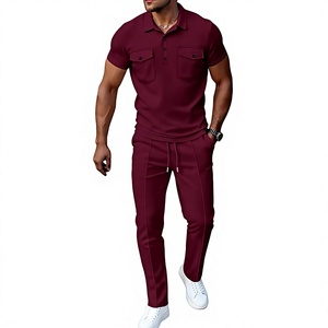 Men's Winter Customized High Quality Solid Casual Fleece Knitted Short Sleeve Polo Shirt Set Pockets Matching Pants Quick Dry - Product Image 1