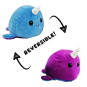 Mainan hewan boneka wajah tersenyum Flip emosi lucu mainan mewah gurita Narwhal reversibel