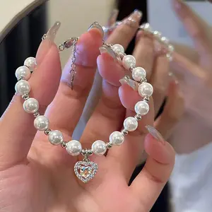 DQ0512S High Quality 6mm Pearl Love Heart Shaped Bracelet 925 Sterling Silver Artificial Pearl Zircon Heart Bracelet