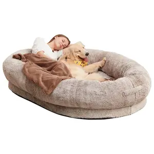 human size dog bed Portable long plush soft cozy washable foldable dog sleeping bed for dogs and human with non-slip bottom