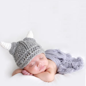 Viking guerrier bébé chapeau fait à la main tricot Crochet bonnet <span class=keywords><strong>casque</strong></span> nouveau-né photographie accessoire enfants chevalier - Product Image 5